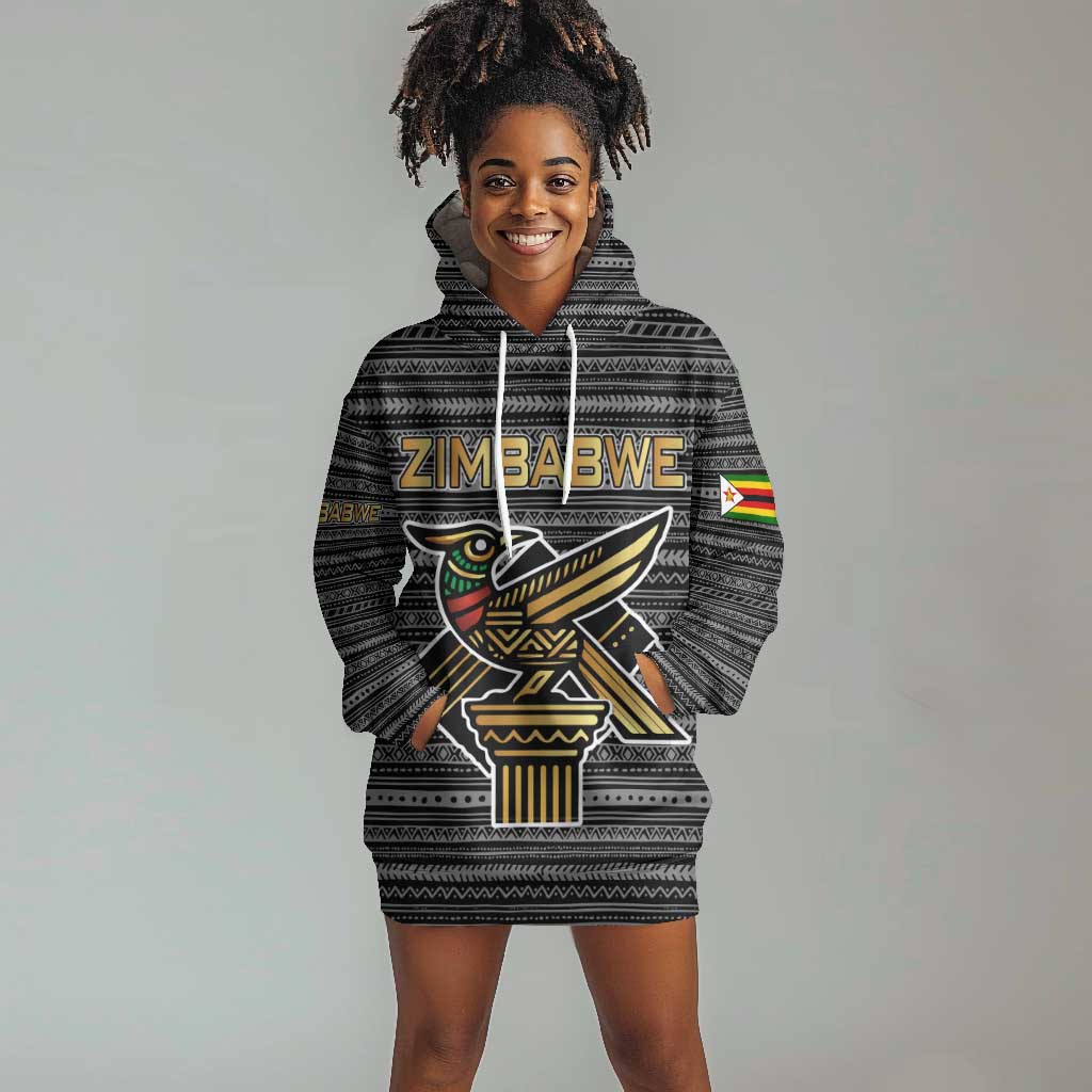 Zimbabwean Bird Statue Hoodie Dress Tribal Pattern Flag Patch and Heritage Symbol TS04