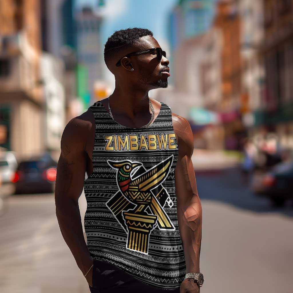 Zimbabwean Bird Statue Men Tank Top Tribal Pattern Flag Patch and Heritage Symbol TS04