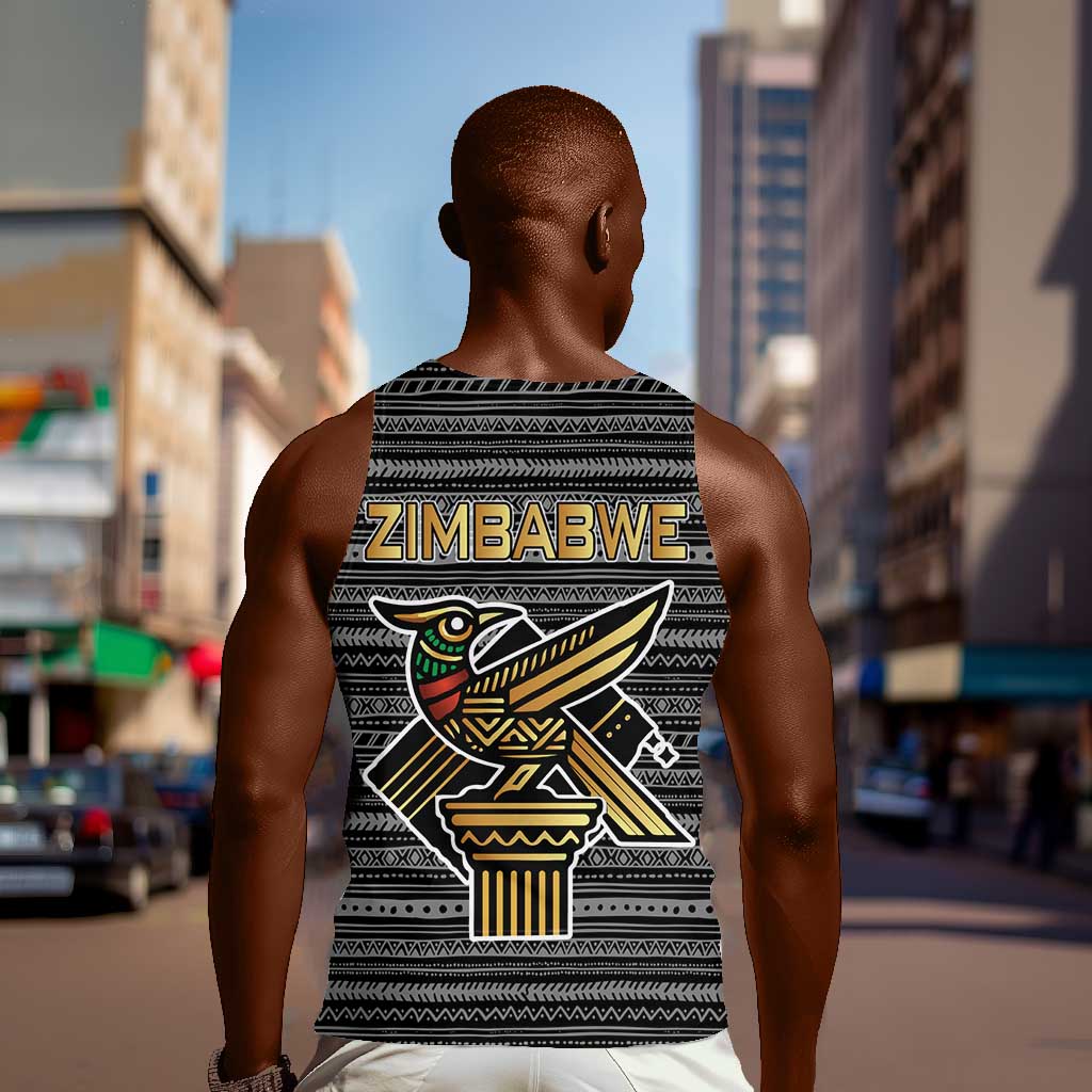 Zimbabwean Bird Statue Men Tank Top Tribal Pattern Flag Patch and Heritage Symbol TS04