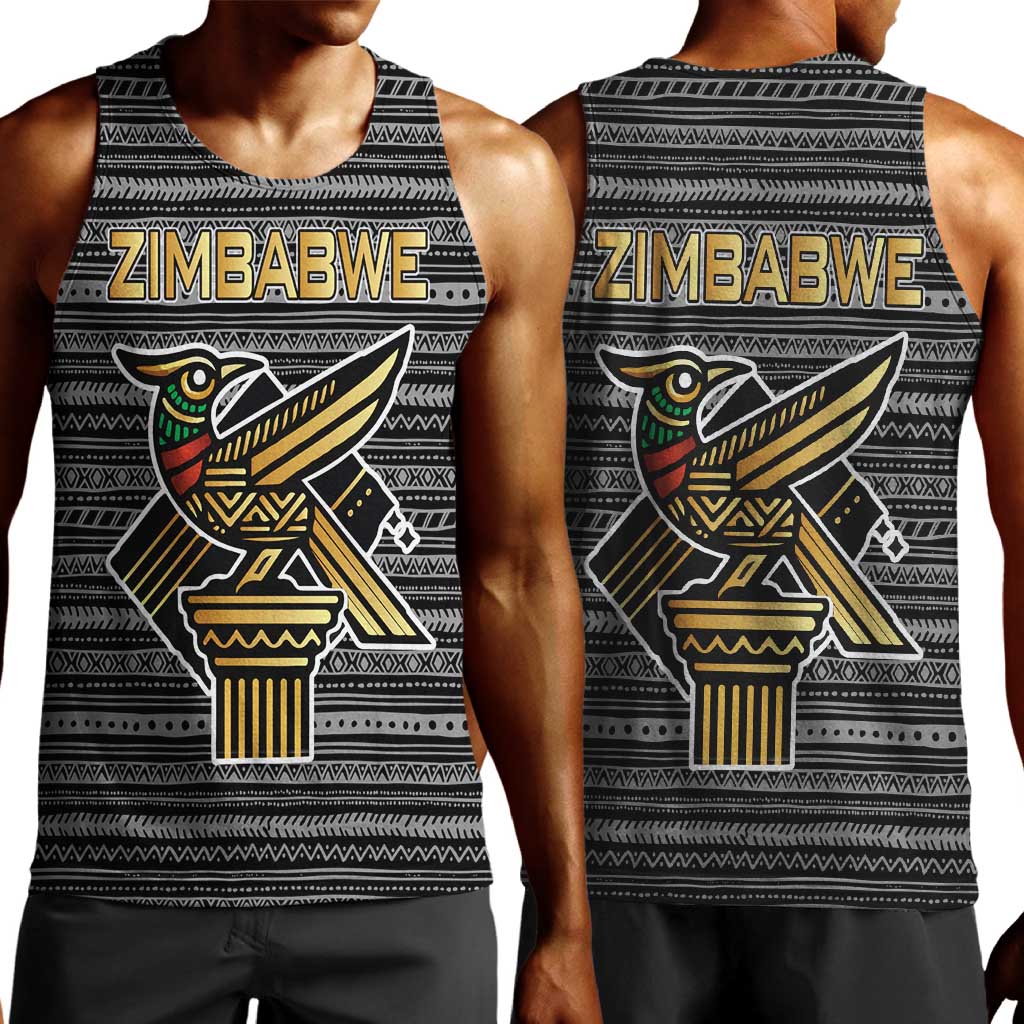 Zimbabwean Bird Statue Men Tank Top Tribal Pattern Flag Patch and Heritage Symbol TS04