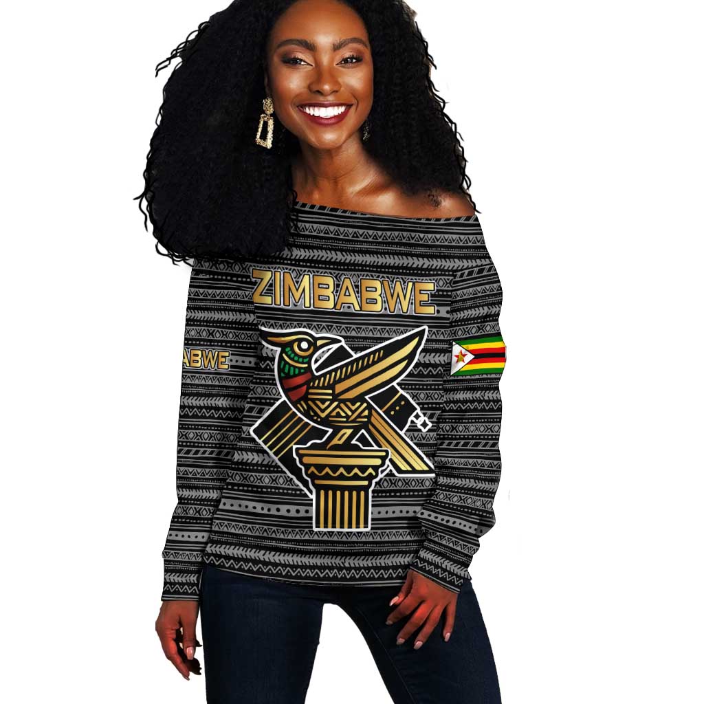 Zimbabwean Bird Statue Off Shoulder Sweater Tribal Pattern Flag Patch and Heritage Symbol TS04