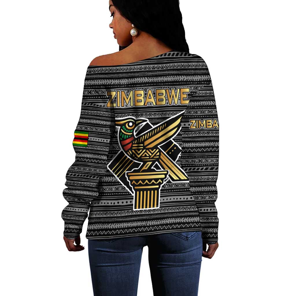 Zimbabwean Bird Statue Off Shoulder Sweater Tribal Pattern Flag Patch and Heritage Symbol TS04