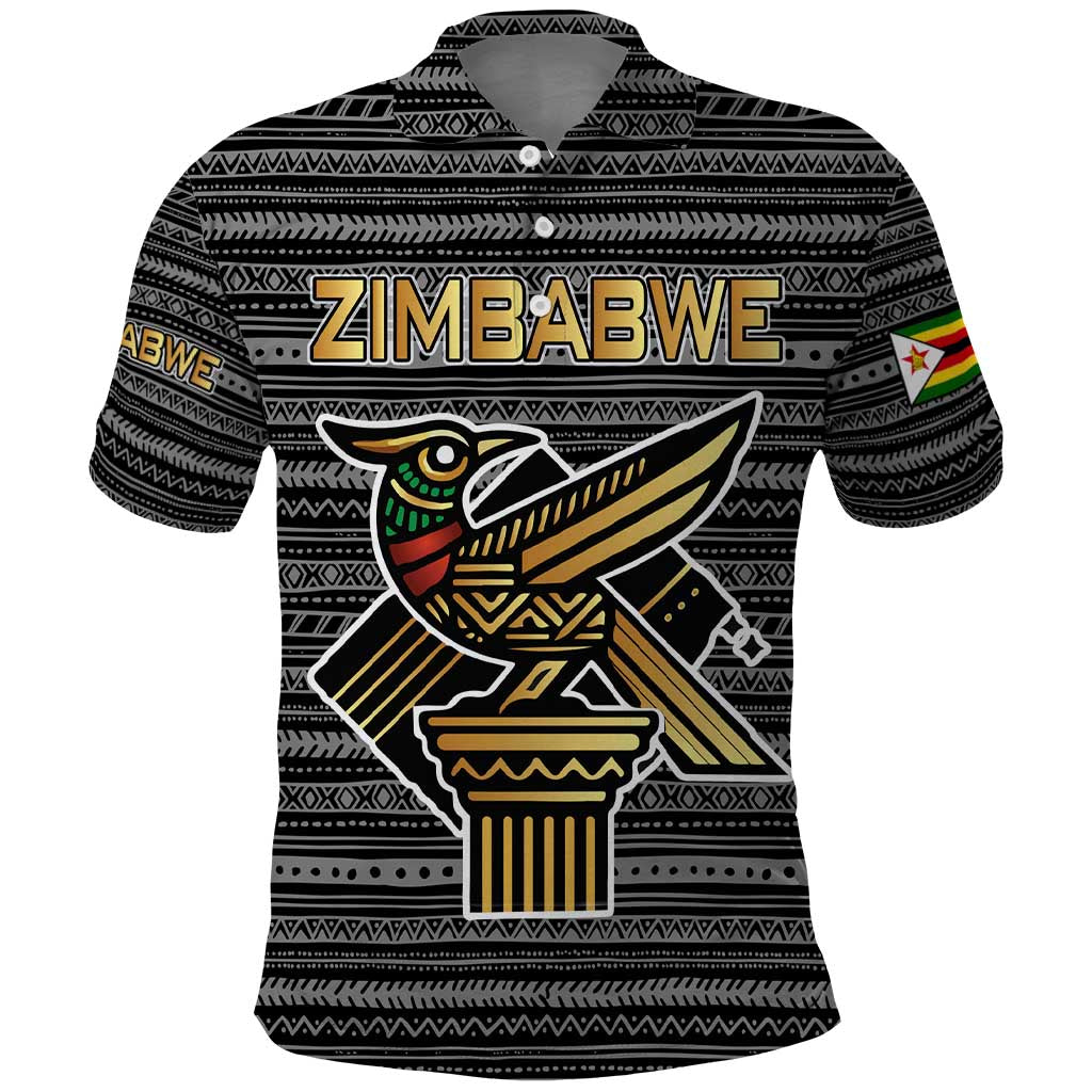 Zimbabwean Bird Statue Polo Shirt Tribal Pattern with National Flag Patch and Heritage Symbol TS04