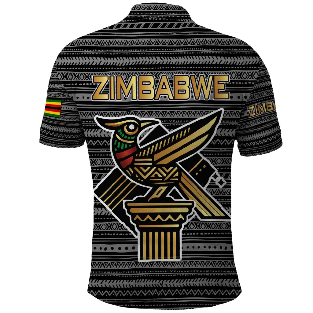 Zimbabwean Bird Statue Polo Shirt Tribal Pattern with National Flag Patch and Heritage Symbol TS04