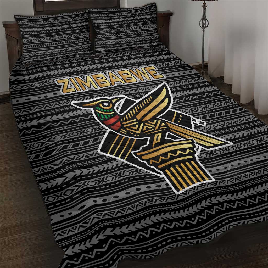 Zimbabwean Bird Statue Quilt Bed Set Tribal Pattern Flag Patch and Heritage Symbol TS04