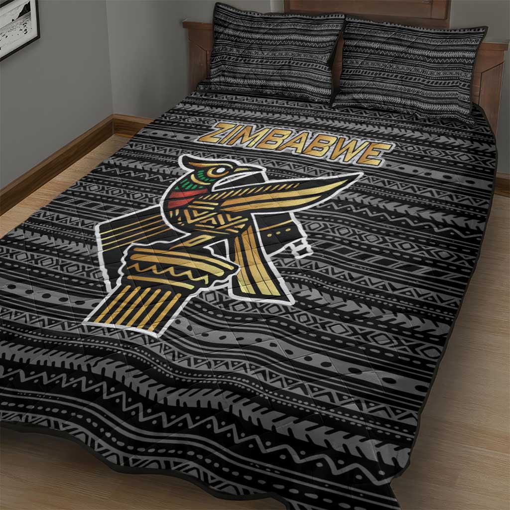 Zimbabwean Bird Statue Quilt Bed Set Tribal Pattern Flag Patch and Heritage Symbol TS04