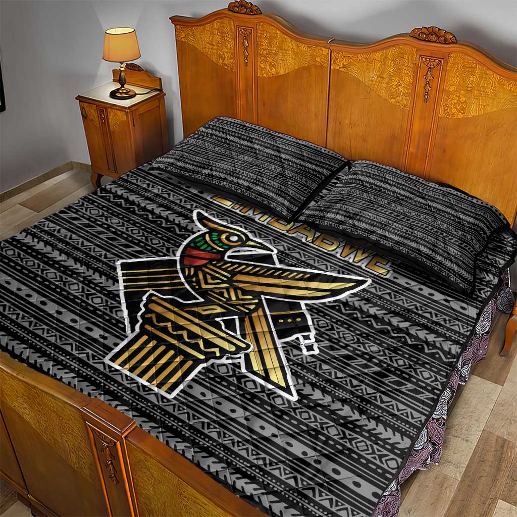 Zimbabwean Bird Statue Quilt Bed Set Tribal Pattern Flag Patch and Heritage Symbol TS04