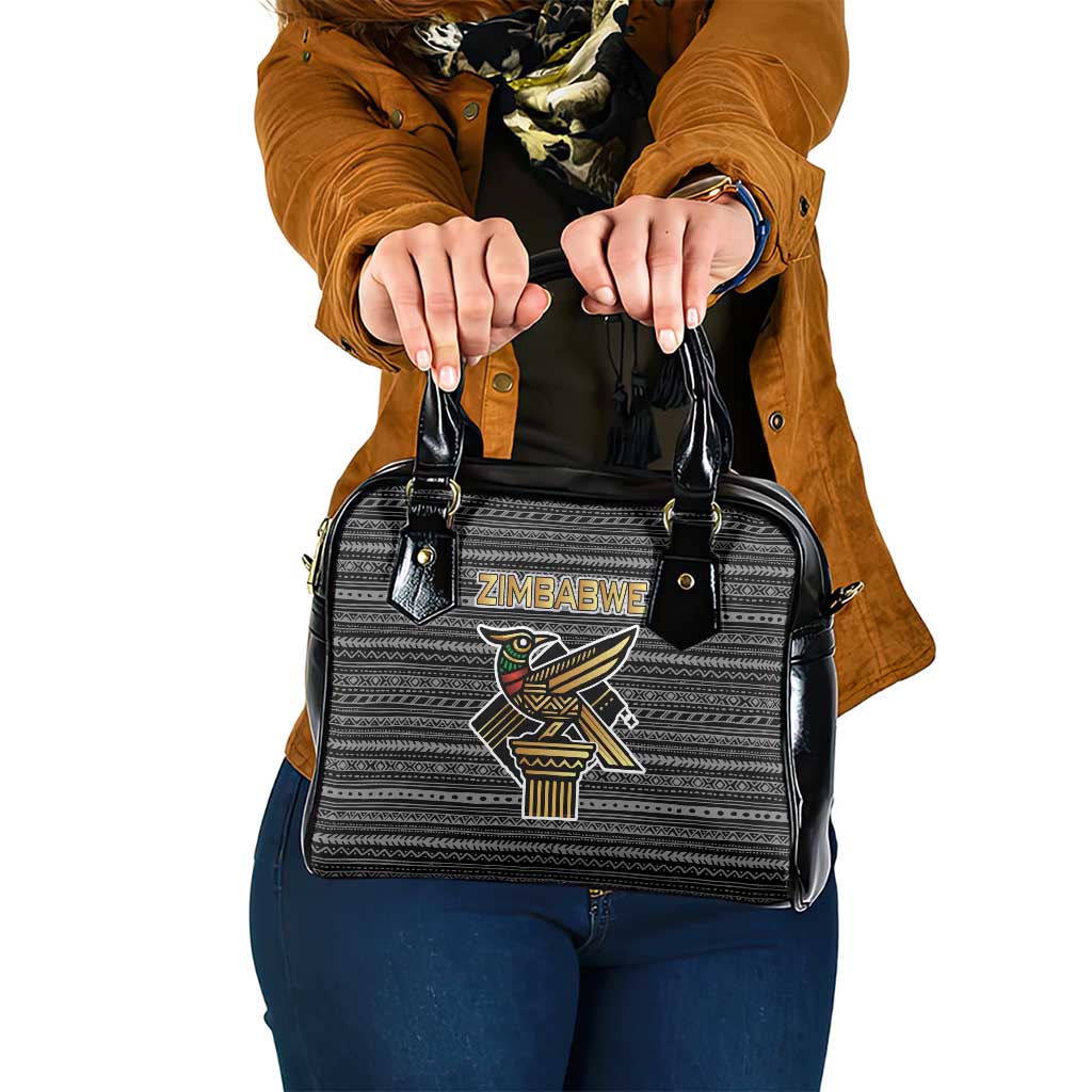 Zimbabwean Bird Statue Shoulder Handbag Tribal Pattern with National Flag Patch and Heritage Symbol TS04