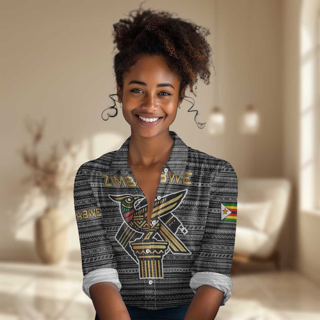 Zimbabwean Bird Statue Women Casual Shirt Tribal Pattern Flag Patch and Heritage Symbol TS04