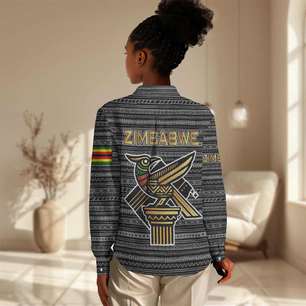Zimbabwean Bird Statue Women Casual Shirt Tribal Pattern Flag Patch and Heritage Symbol TS04