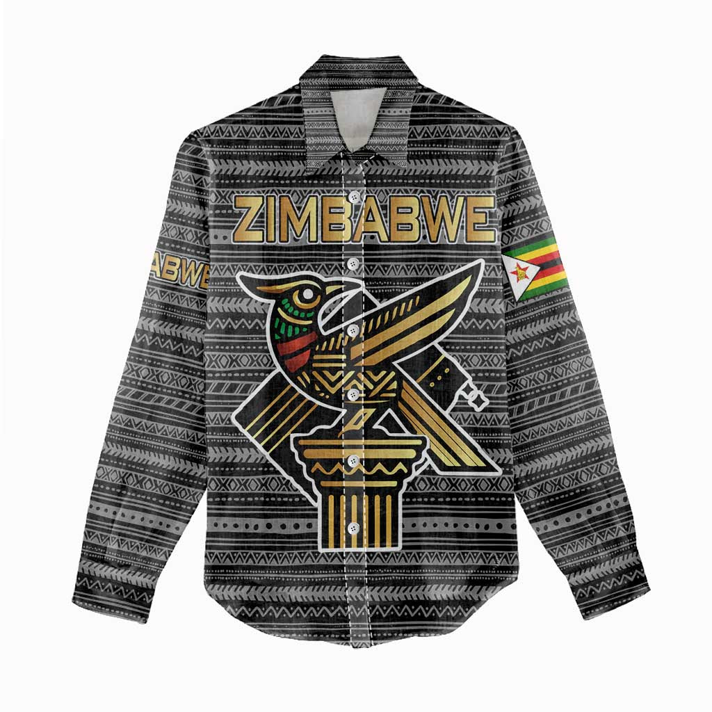 Zimbabwean Bird Statue Women Casual Shirt Tribal Pattern Flag Patch and Heritage Symbol TS04