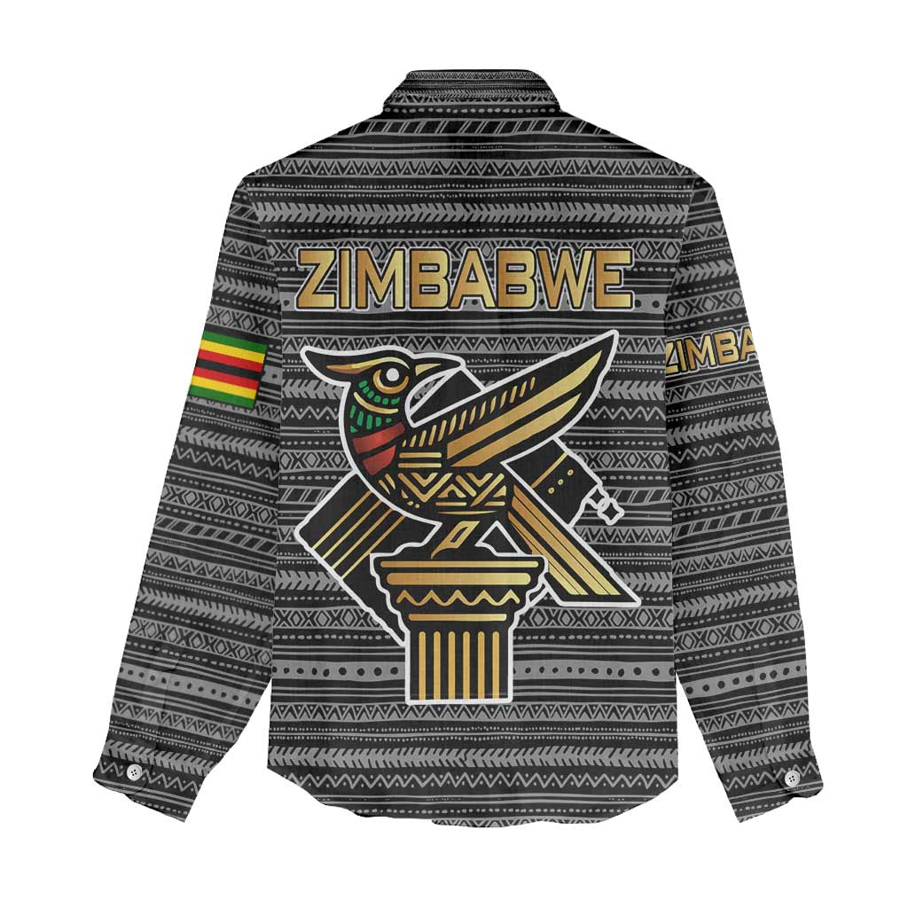 Zimbabwean Bird Statue Women Casual Shirt Tribal Pattern Flag Patch and Heritage Symbol TS04