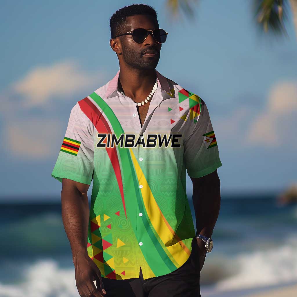 Vibe Zimbabwe Hawaiian Shirt Tribal-Inspired Background with Geometric Flag Color Design TS04