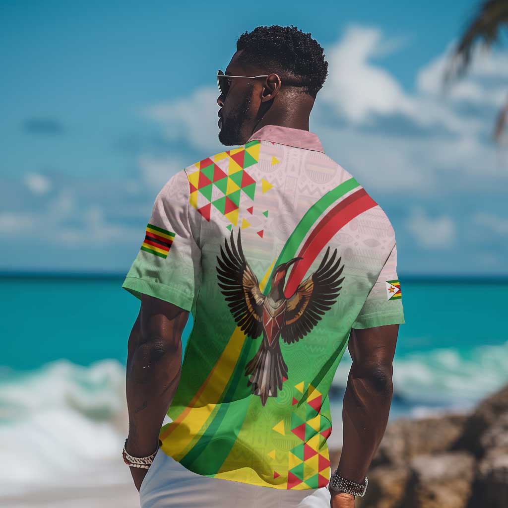 Vibe Zimbabwe Hawaiian Shirt Tribal-Inspired Background with Geometric Flag Color Design TS04
