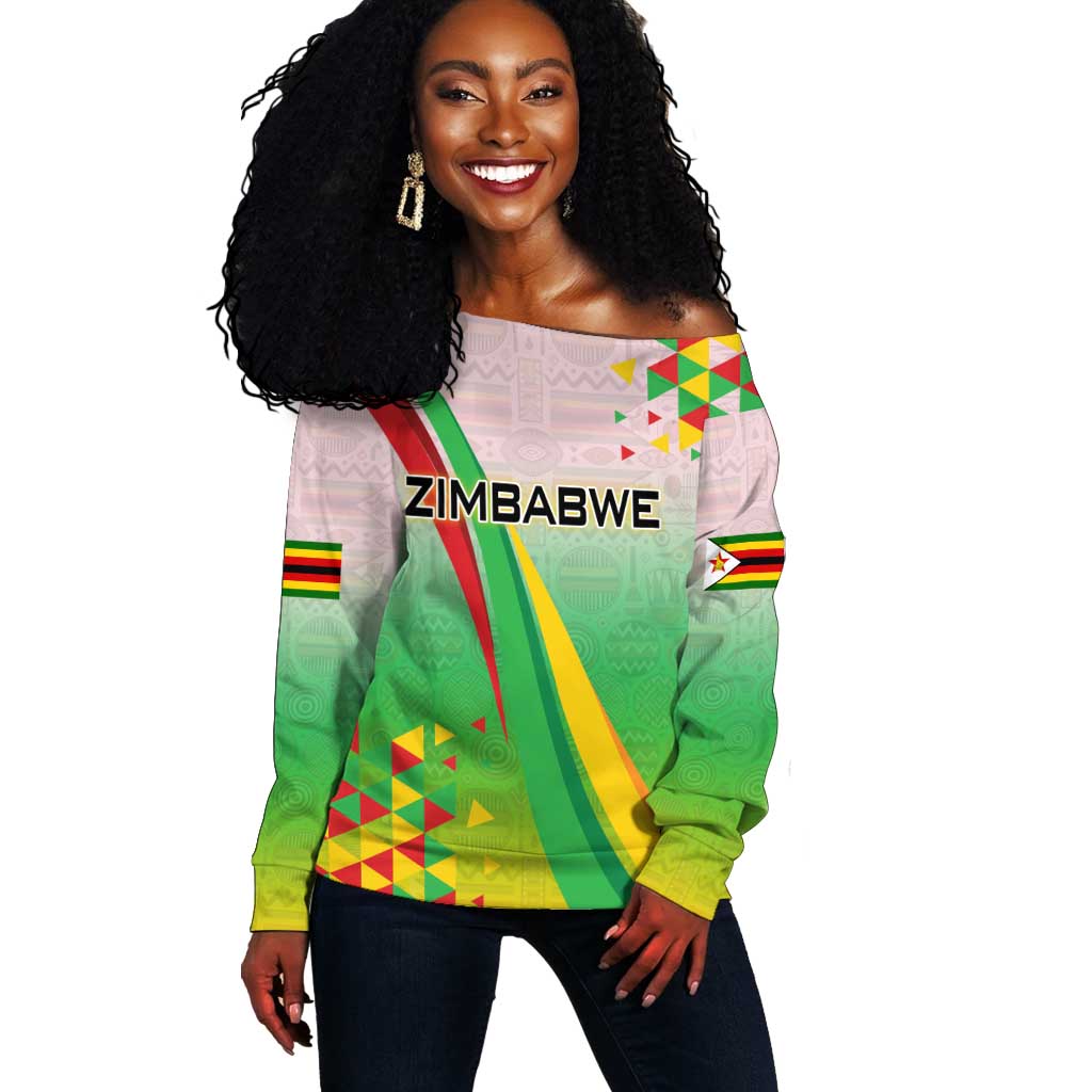 Vibe Zimbabwe Off Shoulder Sweater Tribal-Inspired Background with Geometric Flag Color Design TS04