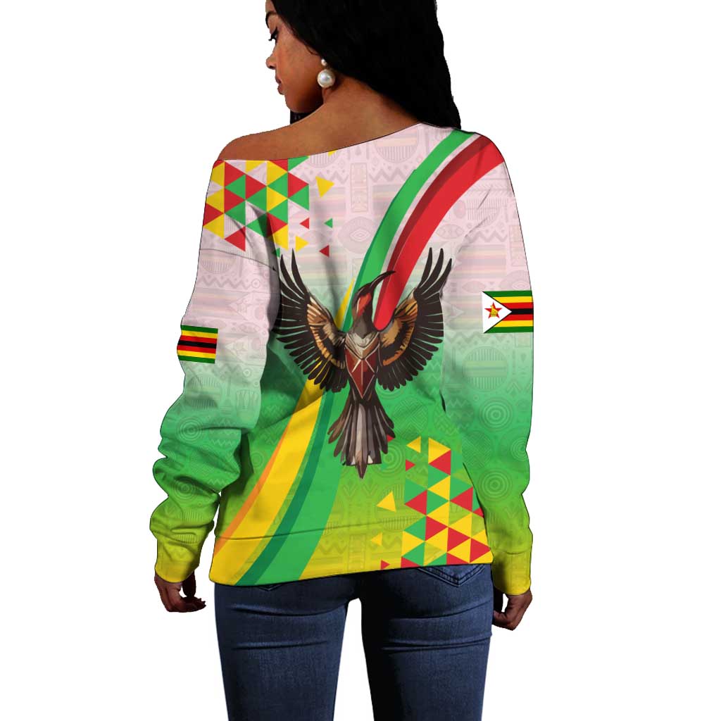 Vibe Zimbabwe Off Shoulder Sweater Tribal-Inspired Background with Geometric Flag Color Design TS04