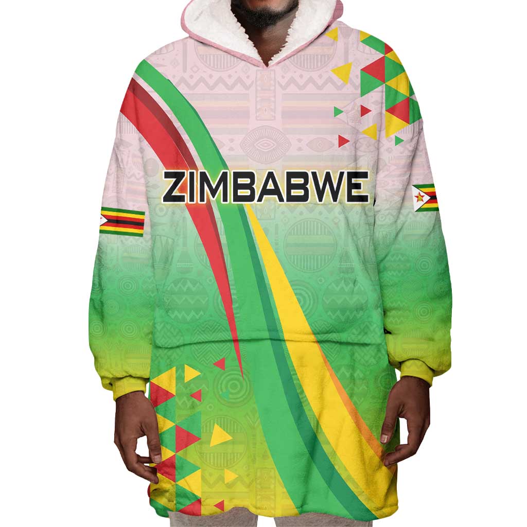 Vibe Zimbabwe Wearable Blanket Hoodie Tribal-Inspired Background with Geometric Flag Color Design TS04