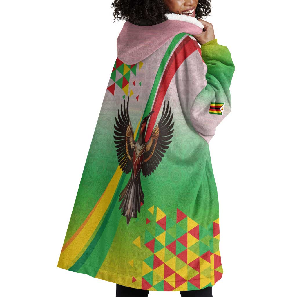 Vibe Zimbabwe Wearable Blanket Hoodie Tribal-Inspired Background with Geometric Flag Color Design TS04