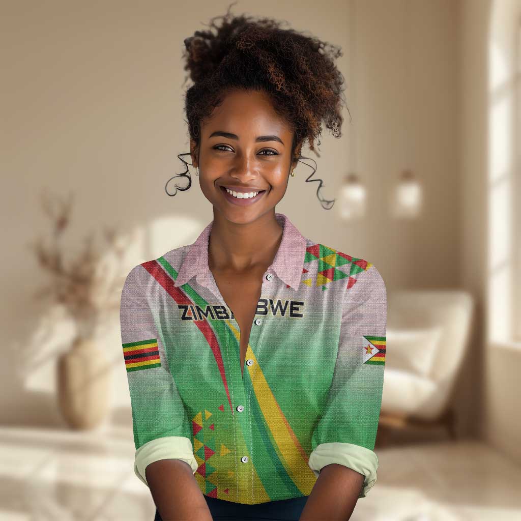 Vibe Zimbabwe Women Casual Shirt Tribal-Inspired Background with Geometric Flag Color Design TS04