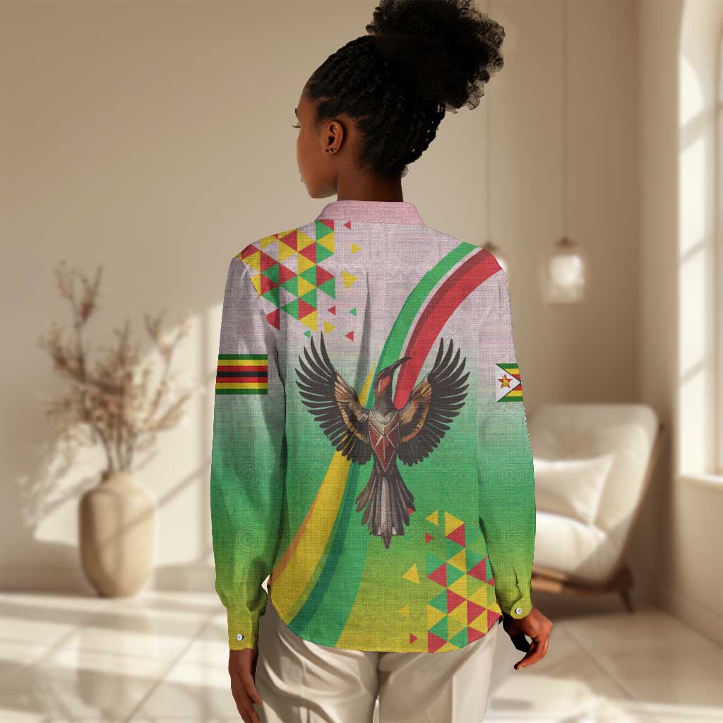 Vibe Zimbabwe Women Casual Shirt Tribal-Inspired Background with Geometric Flag Color Design TS04