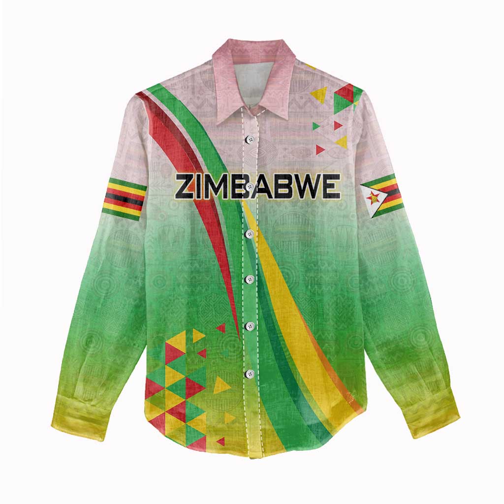Vibe Zimbabwe Women Casual Shirt Tribal-Inspired Background with Geometric Flag Color Design TS04
