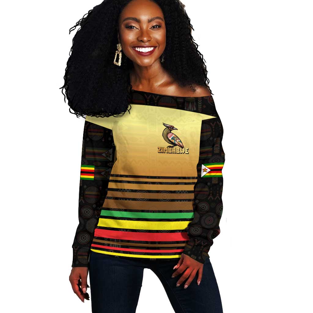 Pride Zimbabwe Off Shoulder Sweater Zimbabwean Bird, Tribal Patterns and Pan-African Colors TS04