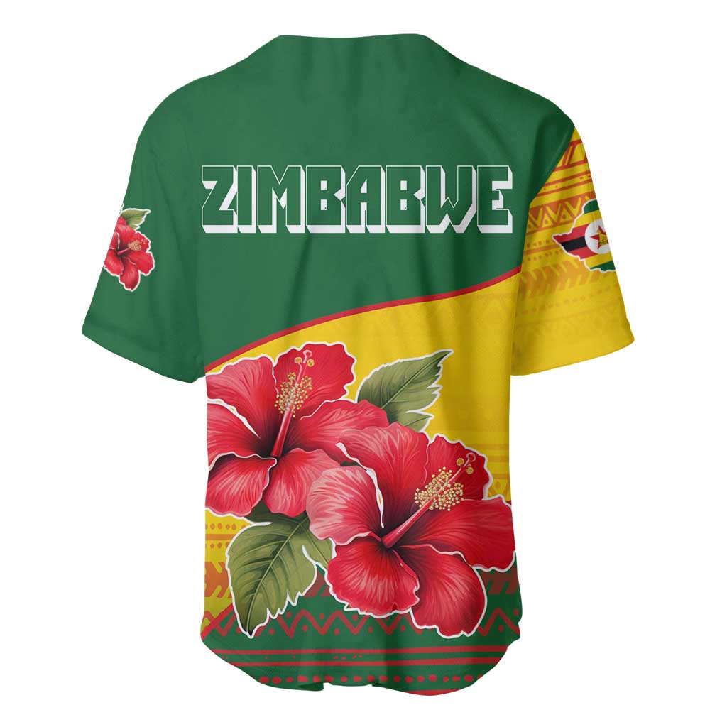 Zimbabwe Flag Map Baseball Jersey African Tribal Pattern Red Hibiscus Flowers TS04