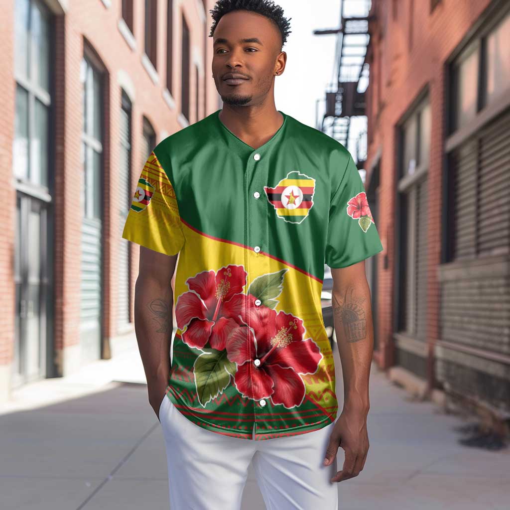 Zimbabwe Flag Map Baseball Jersey African Tribal Pattern Red Hibiscus Flowers TS04