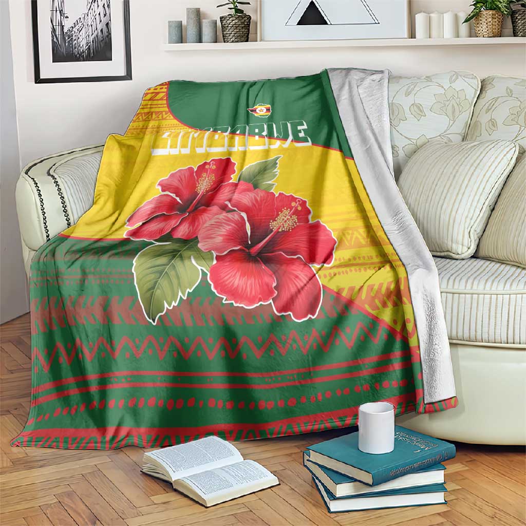 Zimbabwe Flag Map Blanket African Tribal Pattern Red Hibiscus Flowers TS04