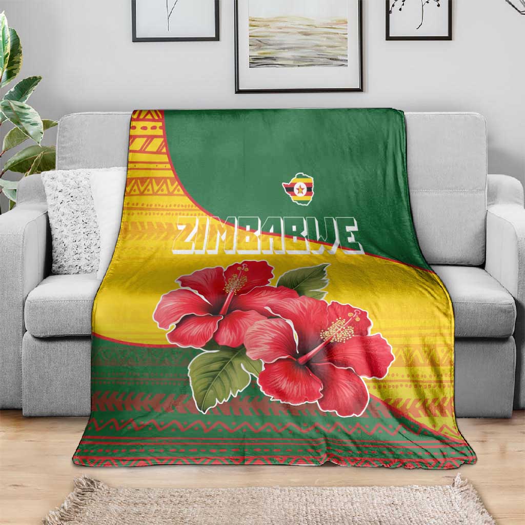 Zimbabwe Flag Map Blanket African Tribal Pattern Red Hibiscus Flowers TS04