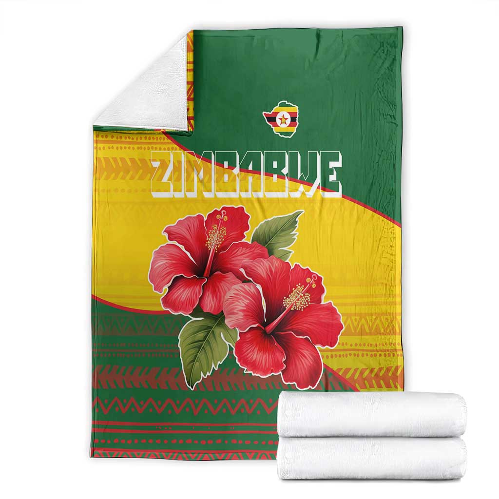 Zimbabwe Flag Map Blanket African Tribal Pattern Red Hibiscus Flowers TS04