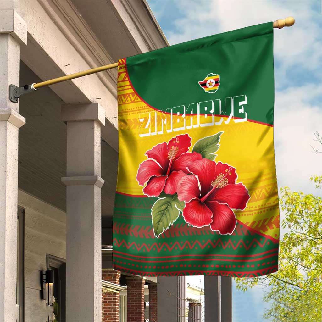 Zimbabwe Flag Map Garden Flag African Tribal Pattern Red Hibiscus Flowers TS04