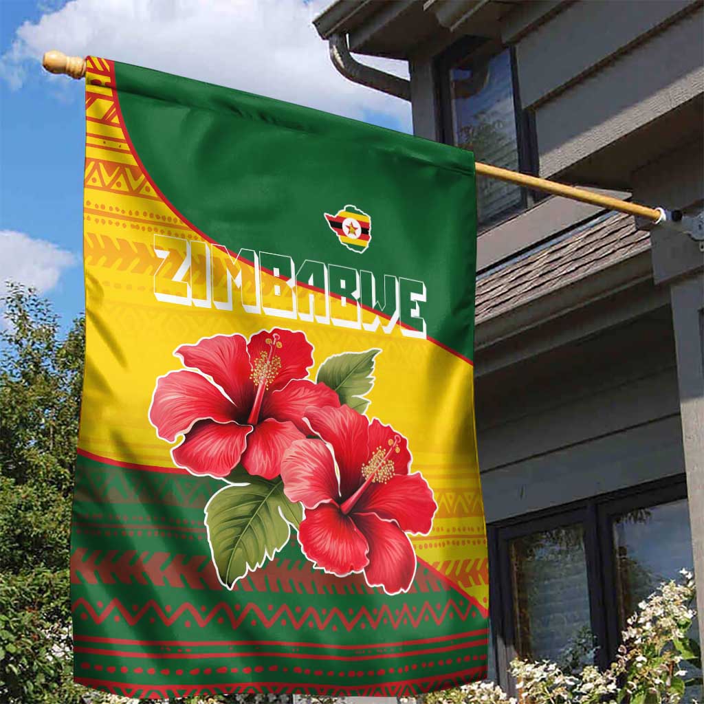 Zimbabwe Flag Map Garden Flag African Tribal Pattern Red Hibiscus Flowers TS04