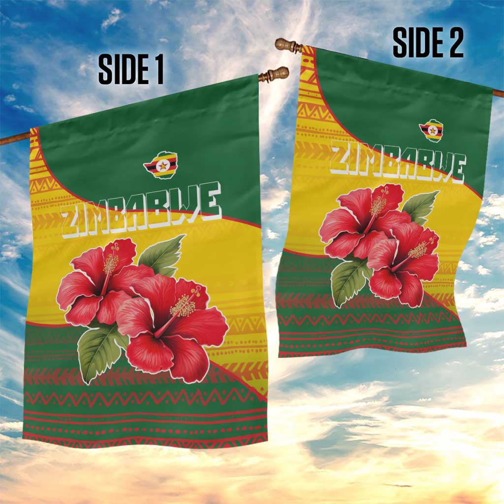 Zimbabwe Flag Map Garden Flag African Tribal Pattern Red Hibiscus Flowers TS04