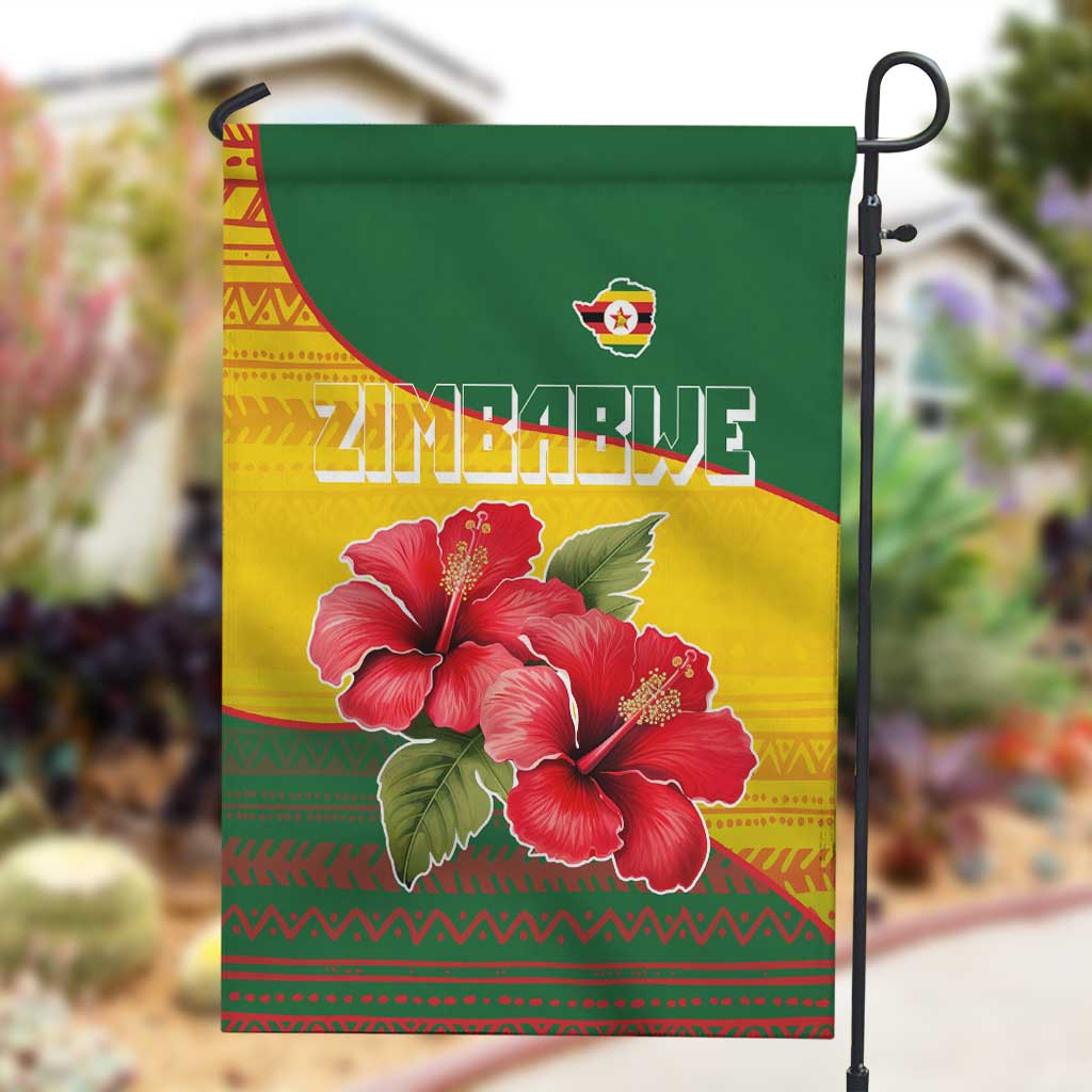 Zimbabwe Flag Map Garden Flag African Tribal Pattern Red Hibiscus Flowers TS04
