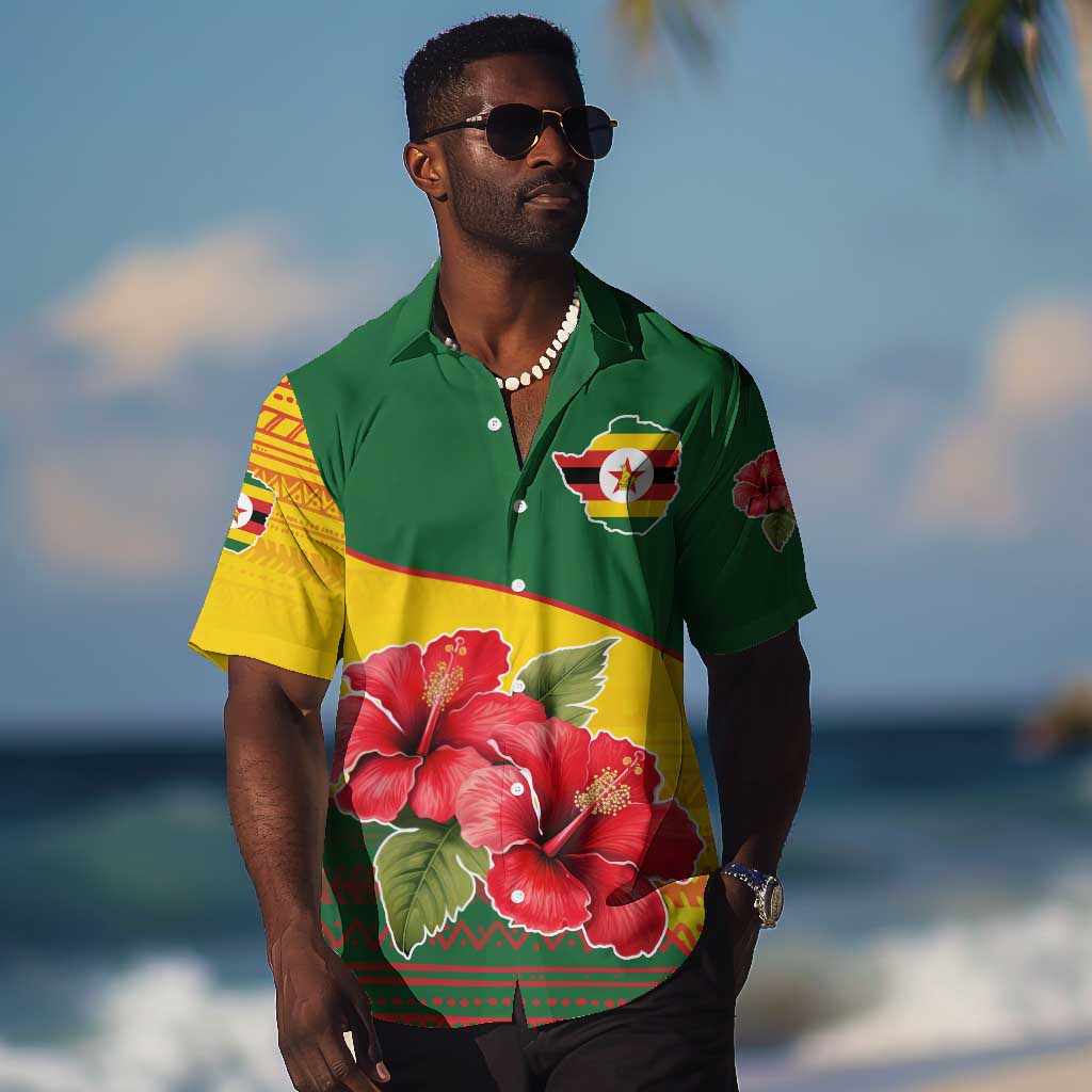 Zimbabwe Flag Map Hawaiian Shirt African Tribal Pattern Red Hibiscus Flowers TS04