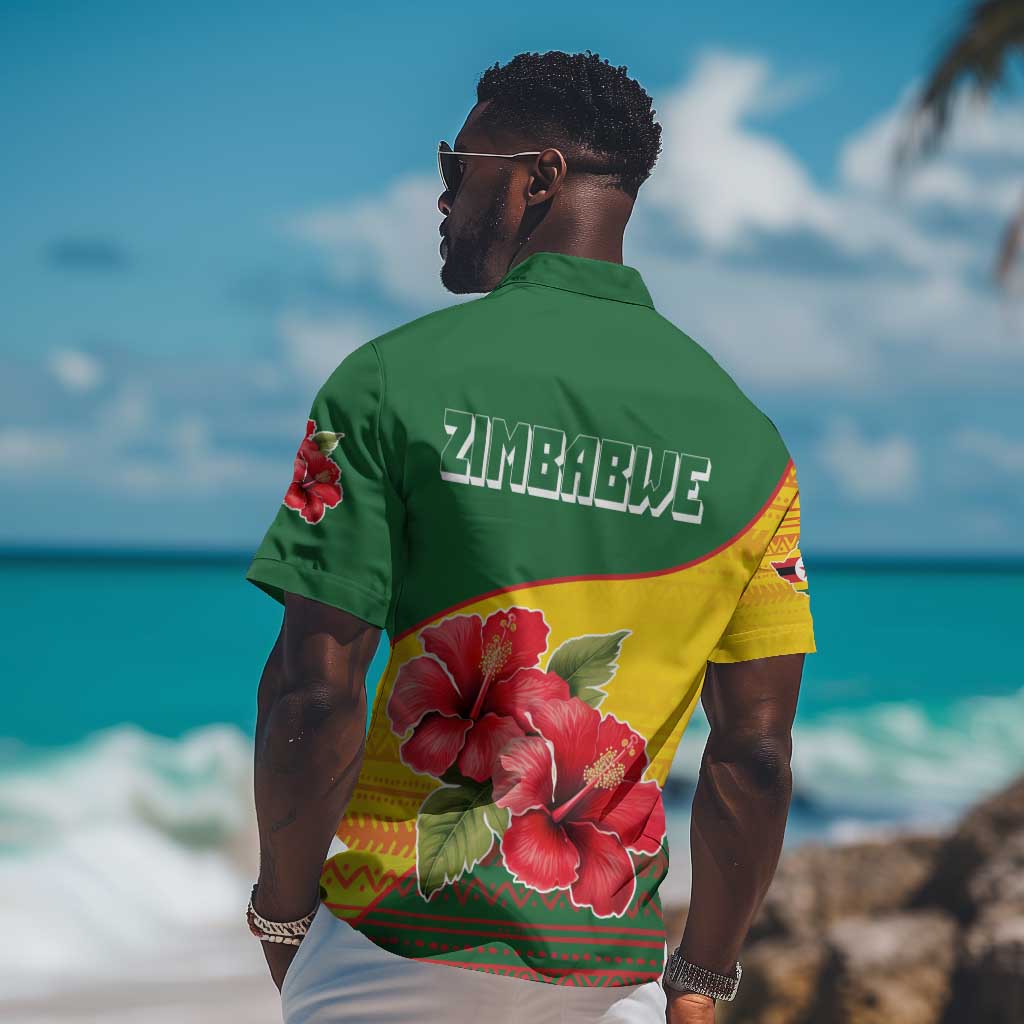 Zimbabwe Flag Map Hawaiian Shirt African Tribal Pattern Red Hibiscus Flowers TS04