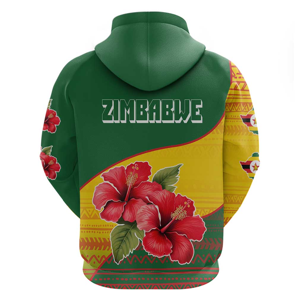 Zimbabwe Flag Map and Red Hibiscus Flowers Hoodie with African Tribal Pattern TS04