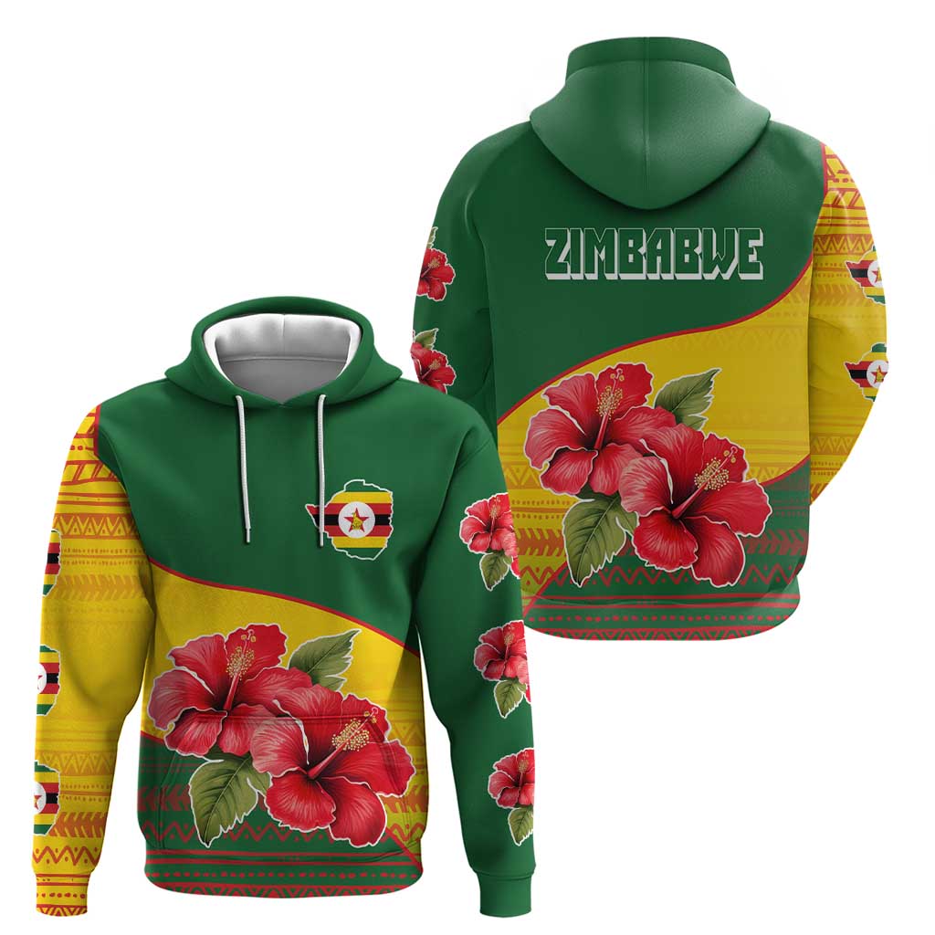 Zimbabwe Flag Map and Red Hibiscus Flowers Hoodie with African Tribal Pattern TS04