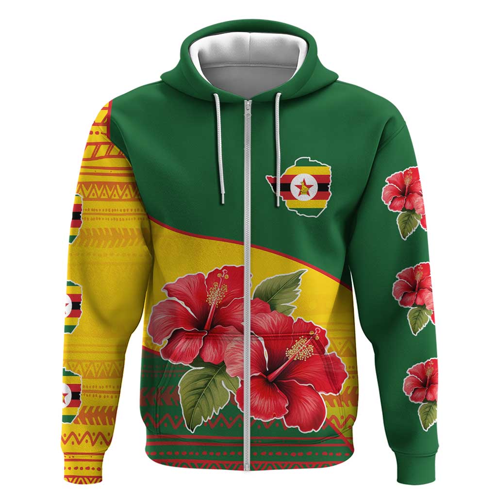 Zimbabwe Flag Map and Red Hibiscus Flowers Hoodie with African Tribal Pattern TS04