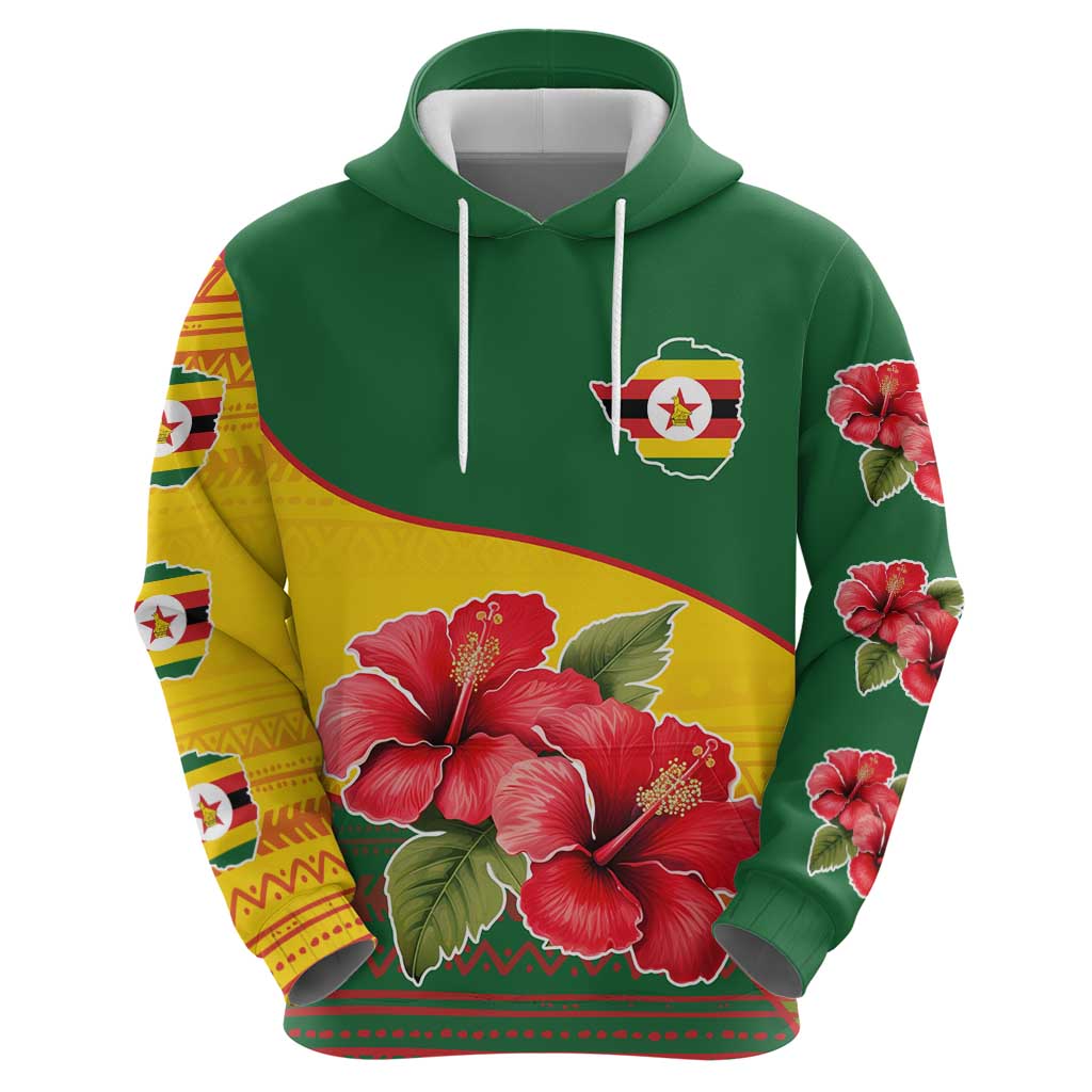 Zimbabwe Flag Map and Red Hibiscus Flowers Hoodie with African Tribal Pattern TS04