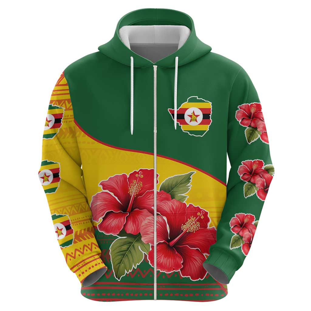 Zimbabwe Flag Map and Red Hibiscus Flowers Hoodie with African Tribal Pattern TS04