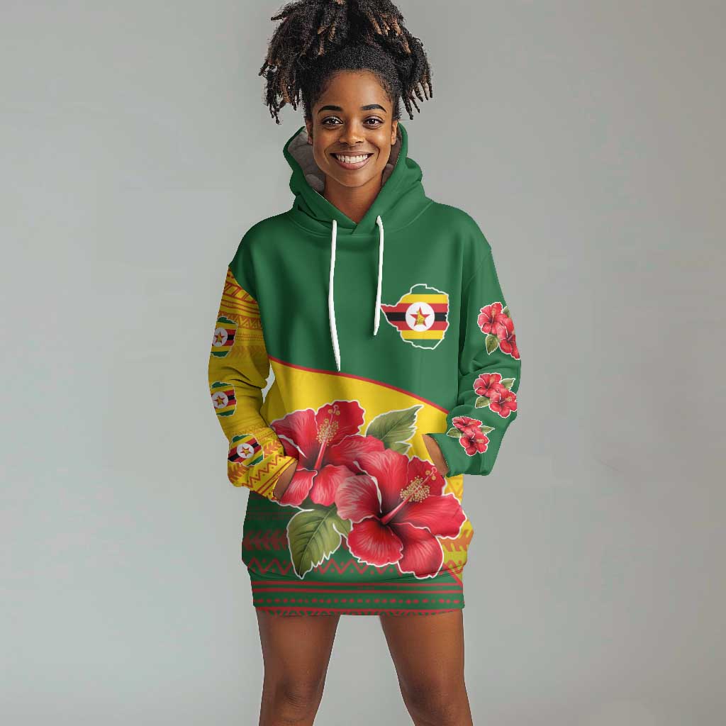 Zimbabwe Flag Map Hoodie Dress African Tribal Pattern Red Hibiscus Flowers TS04