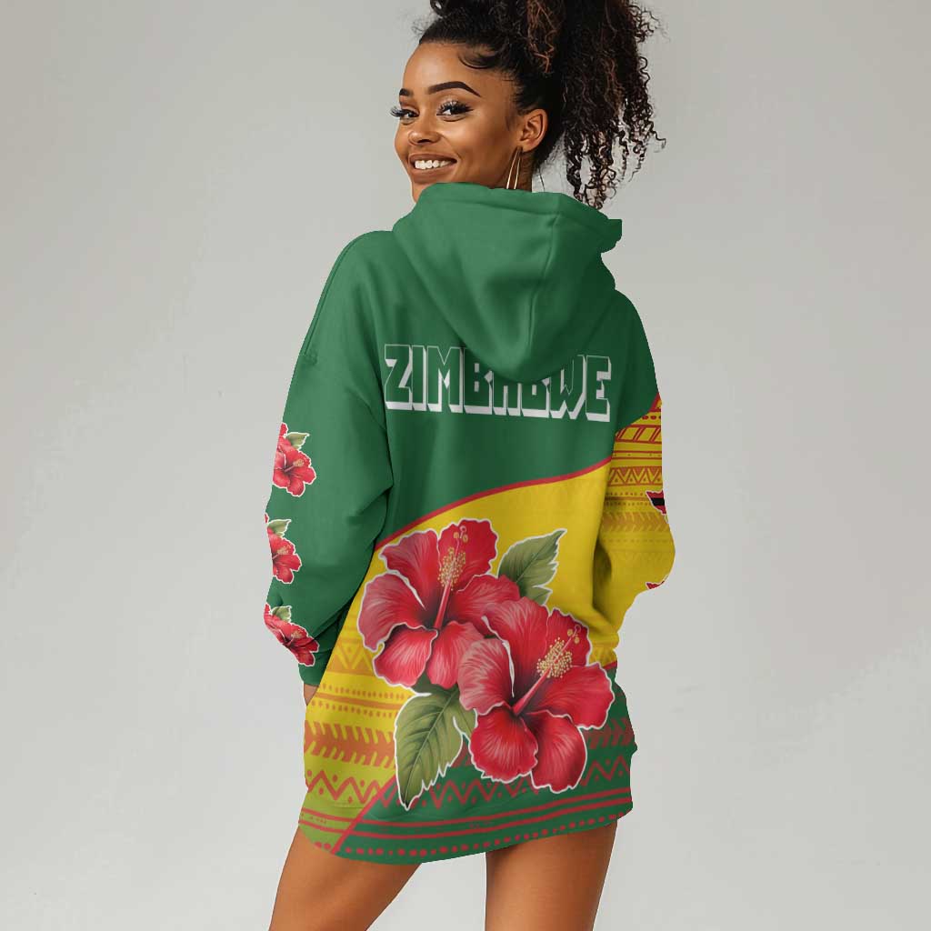 Zimbabwe Flag Map Hoodie Dress African Tribal Pattern Red Hibiscus Flowers TS04