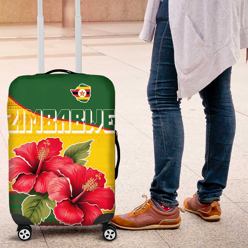 Zimbabwe Flag Map and Red Hibiscus Flowers Luggage Cover with African Tribal Pattern TS04
