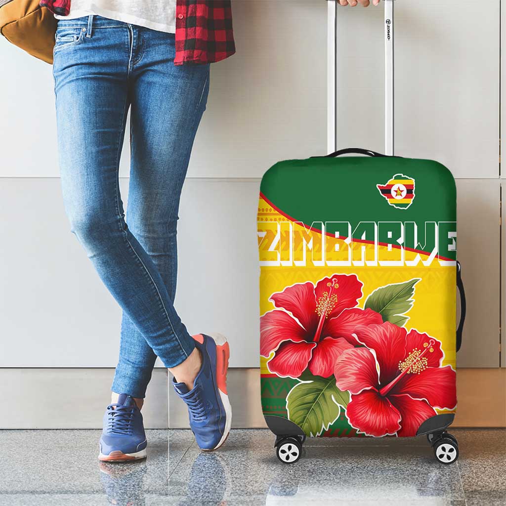 Zimbabwe Flag Map and Red Hibiscus Flowers Luggage Cover with African Tribal Pattern TS04