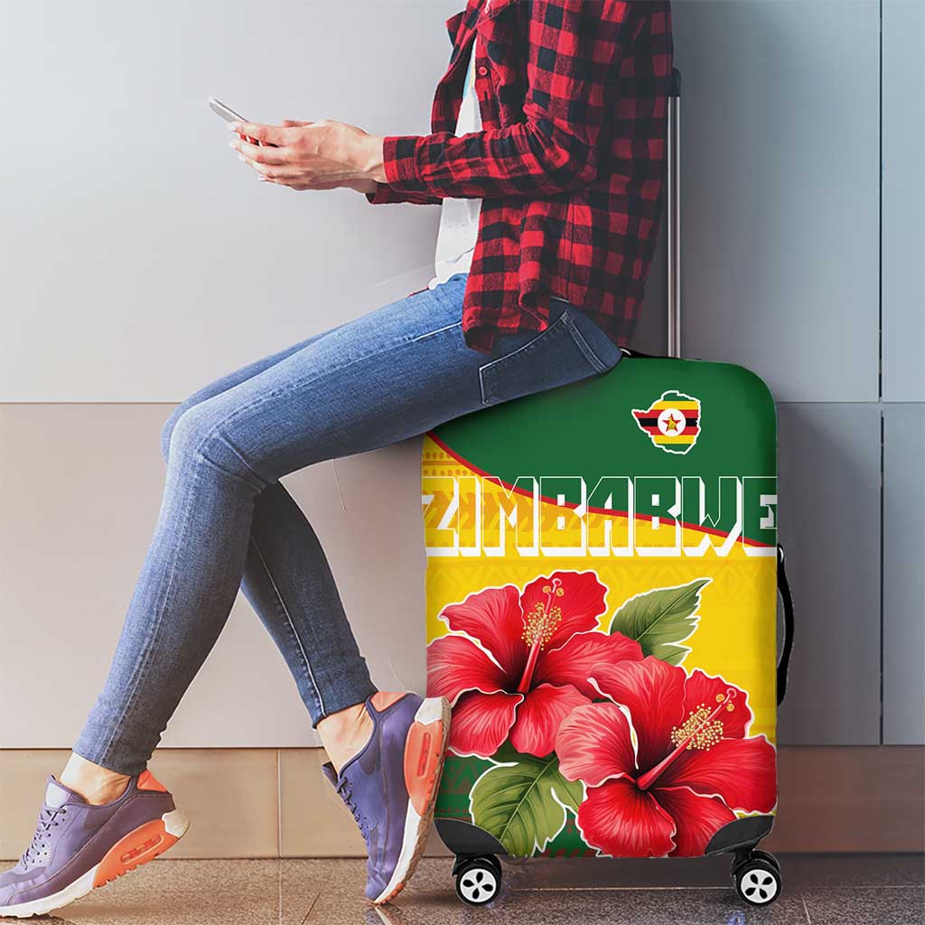 Zimbabwe Flag Map and Red Hibiscus Flowers Luggage Cover with African Tribal Pattern TS04