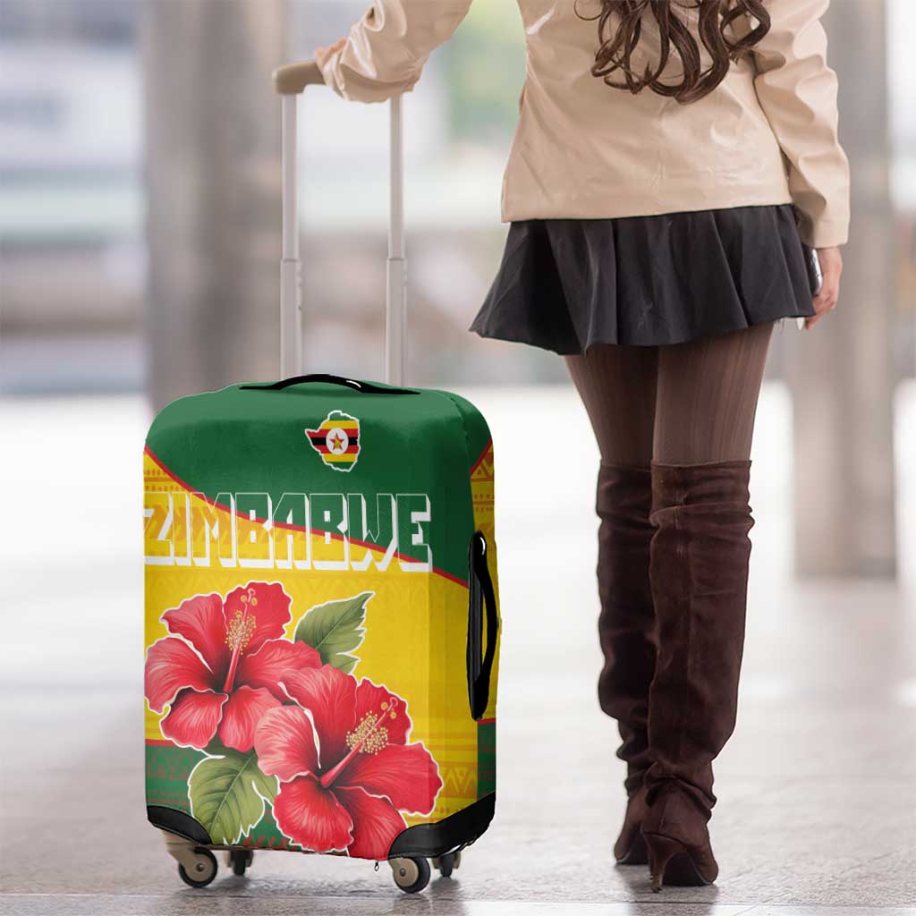 Zimbabwe Flag Map and Red Hibiscus Flowers Luggage Cover with African Tribal Pattern TS04