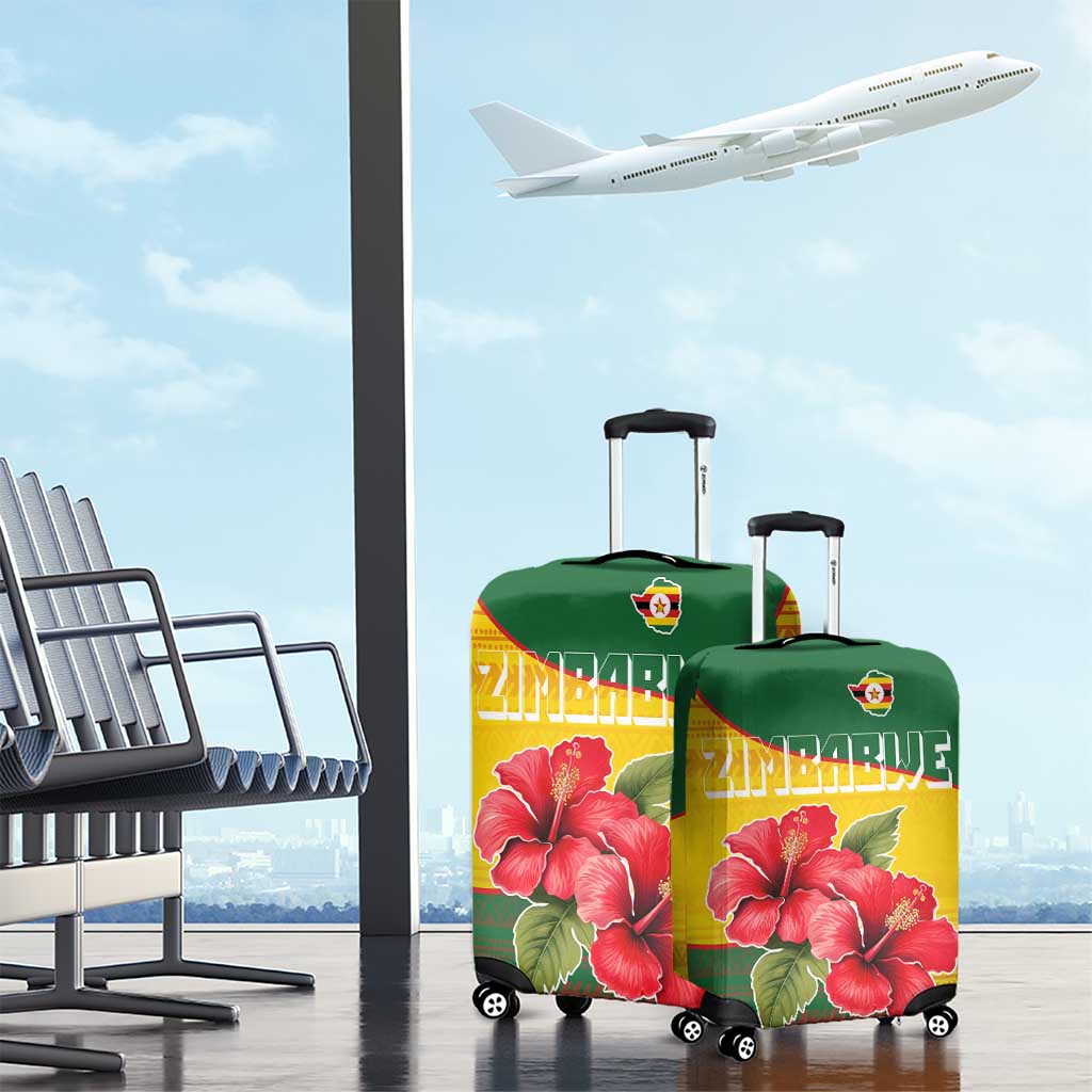 Zimbabwe Flag Map and Red Hibiscus Flowers Luggage Cover with African Tribal Pattern TS04