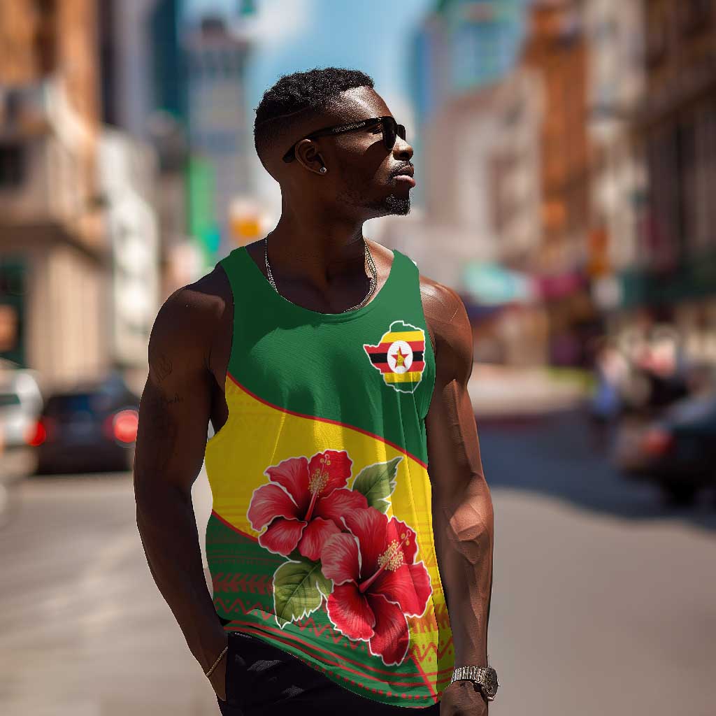 Zimbabwe Flag Map Men Tank Top African Tribal Pattern Red Hibiscus Flowers TS04